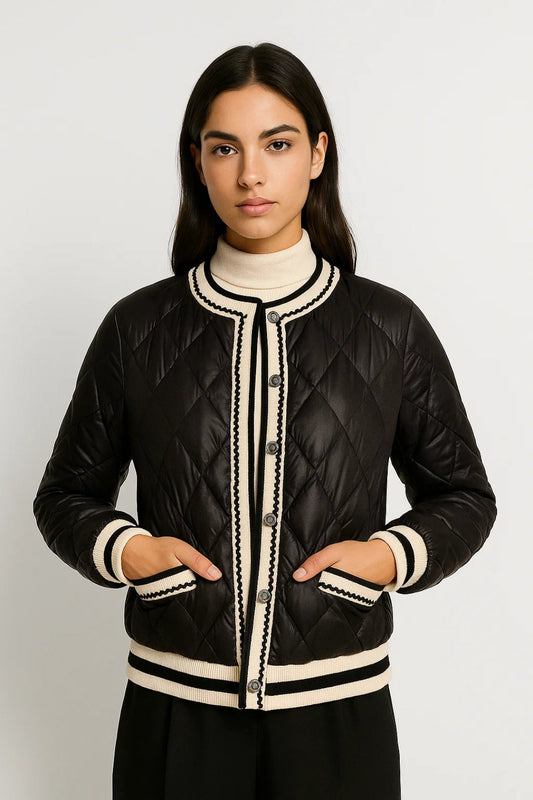 Gestepptes Damenjäckli mit Kontrastbesatz | Kurzer Schnitt mit Knopfleiste | Elegant und Alltagstauglich