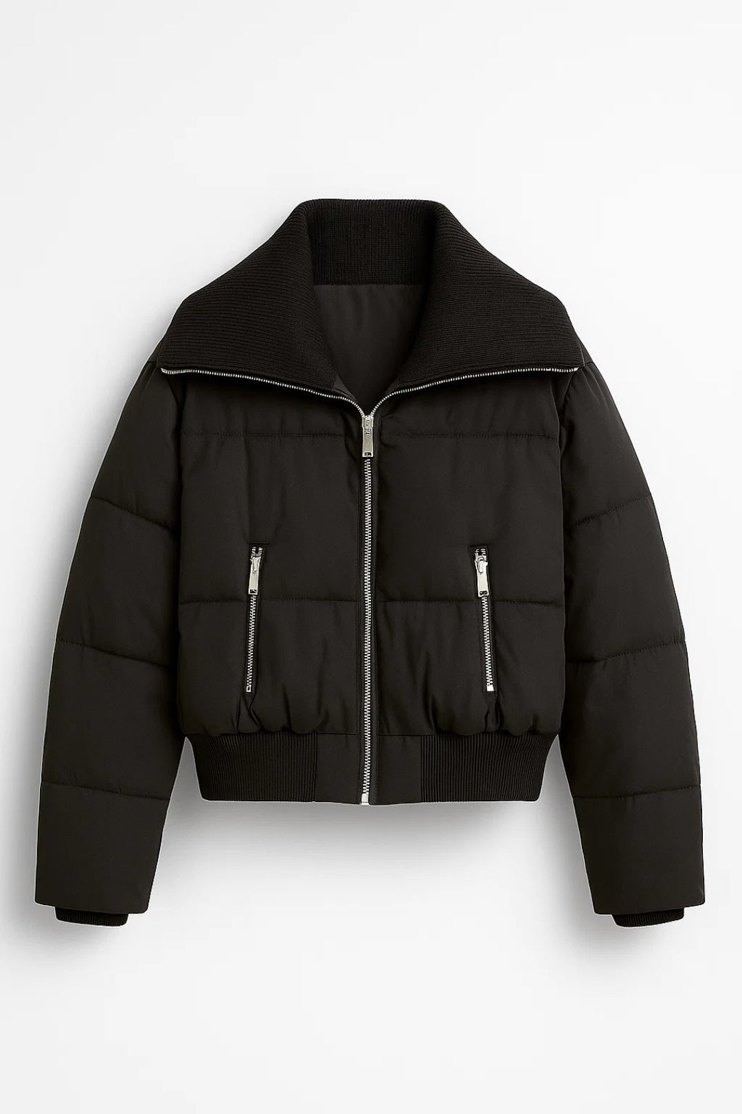 Kurze Damen Steppjacke mit Reissverschluss | Breiter Kragen und Ziertaschen | Warm und Modern