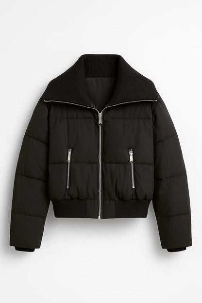 Kurze Damen Steppjacke mit Reissverschluss | Breiter Kragen und Ziertaschen | Warm und Modern