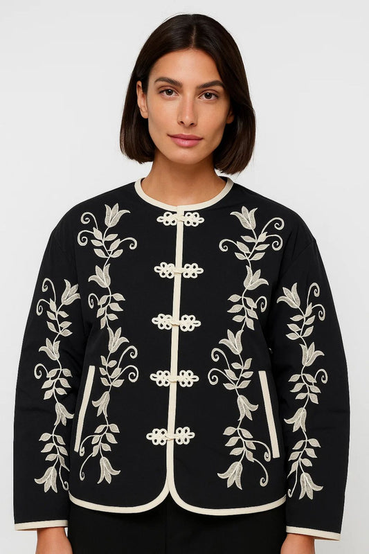 Kurze Jacke | Florale Stickerei mit Hakenverschluss | Eleganter Stil