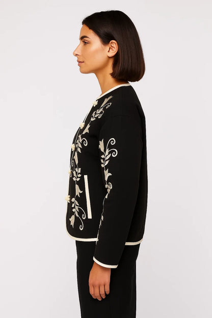 Kurze Jacke | Florale Stickerei mit Hakenverschluss | Eleganter Stil