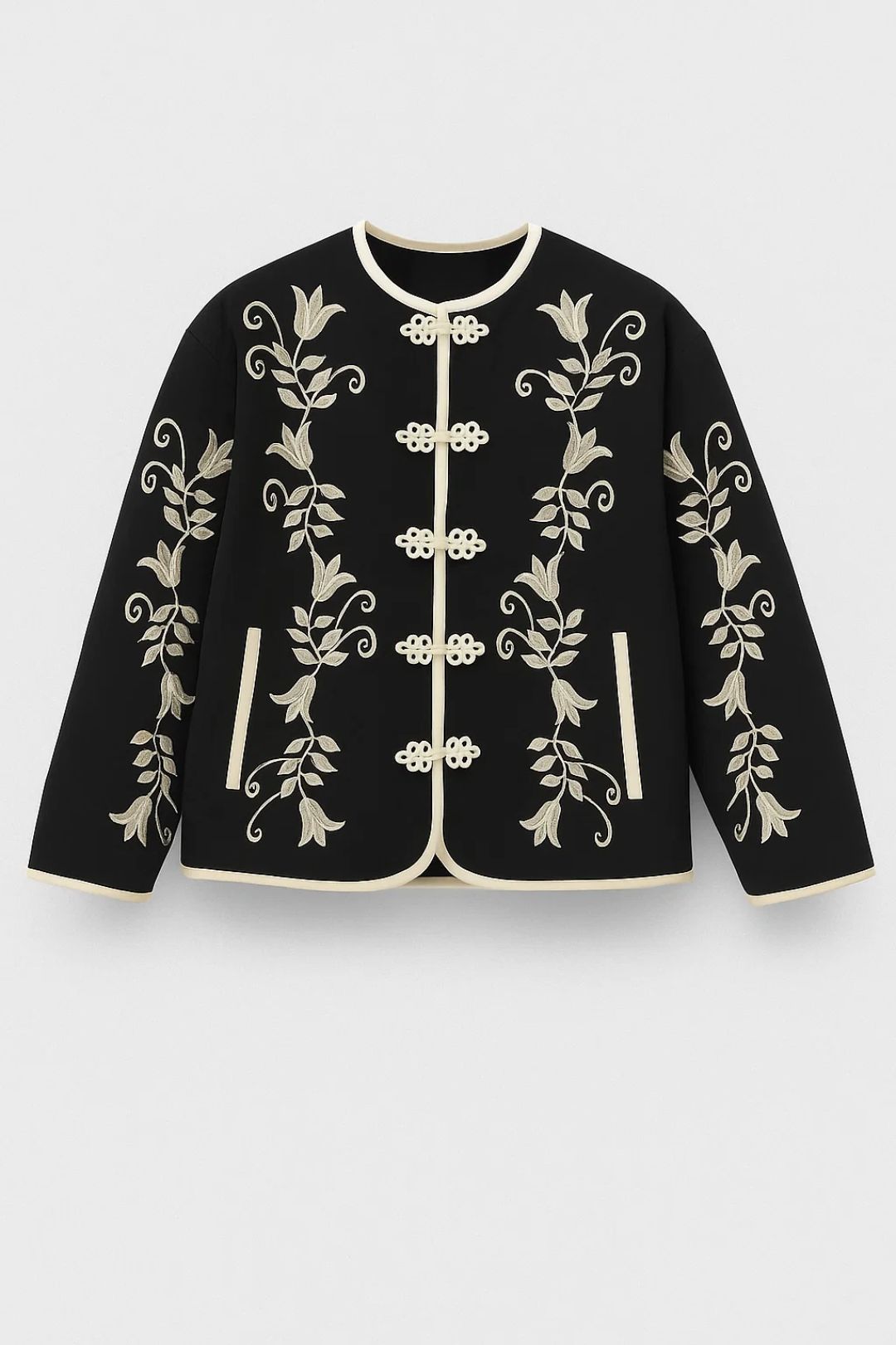 Kurze Jacke | Florale Stickerei mit Hakenverschluss | Eleganter Stil