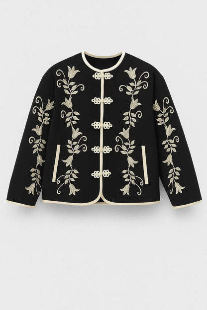 Kurze Jacke | Florale Stickerei mit Hakenverschluss | Eleganter Stil