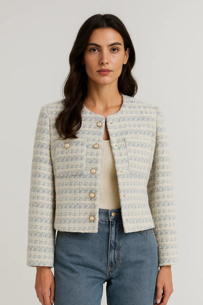Bouclé-Jacke | Kurz geschnitten | Mit Perlenknöpfen