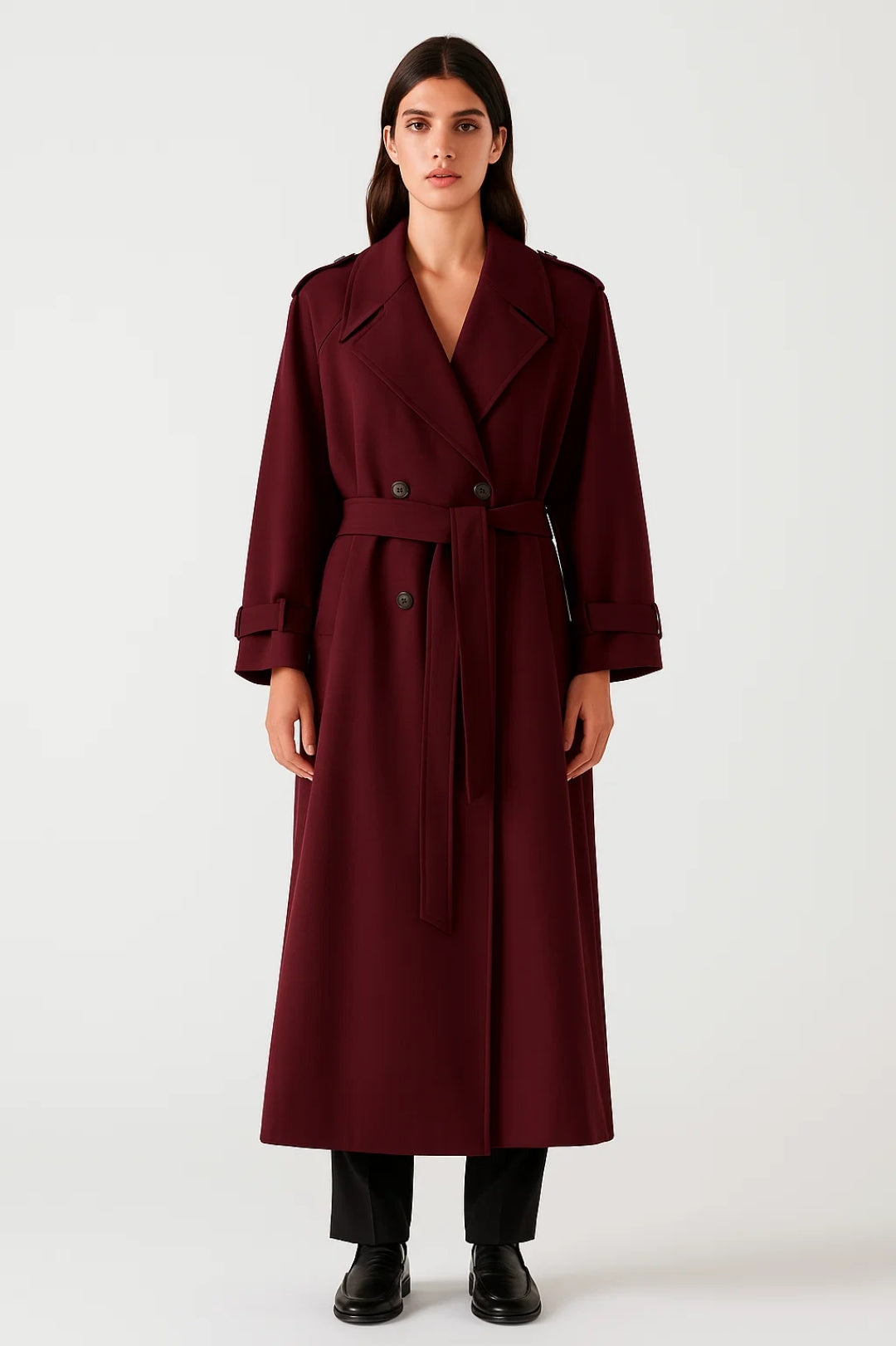 Langer Damen Trenchmantel mit Bindegürtel | Zweireihig mit Reverskragen | Elegant und Feminin