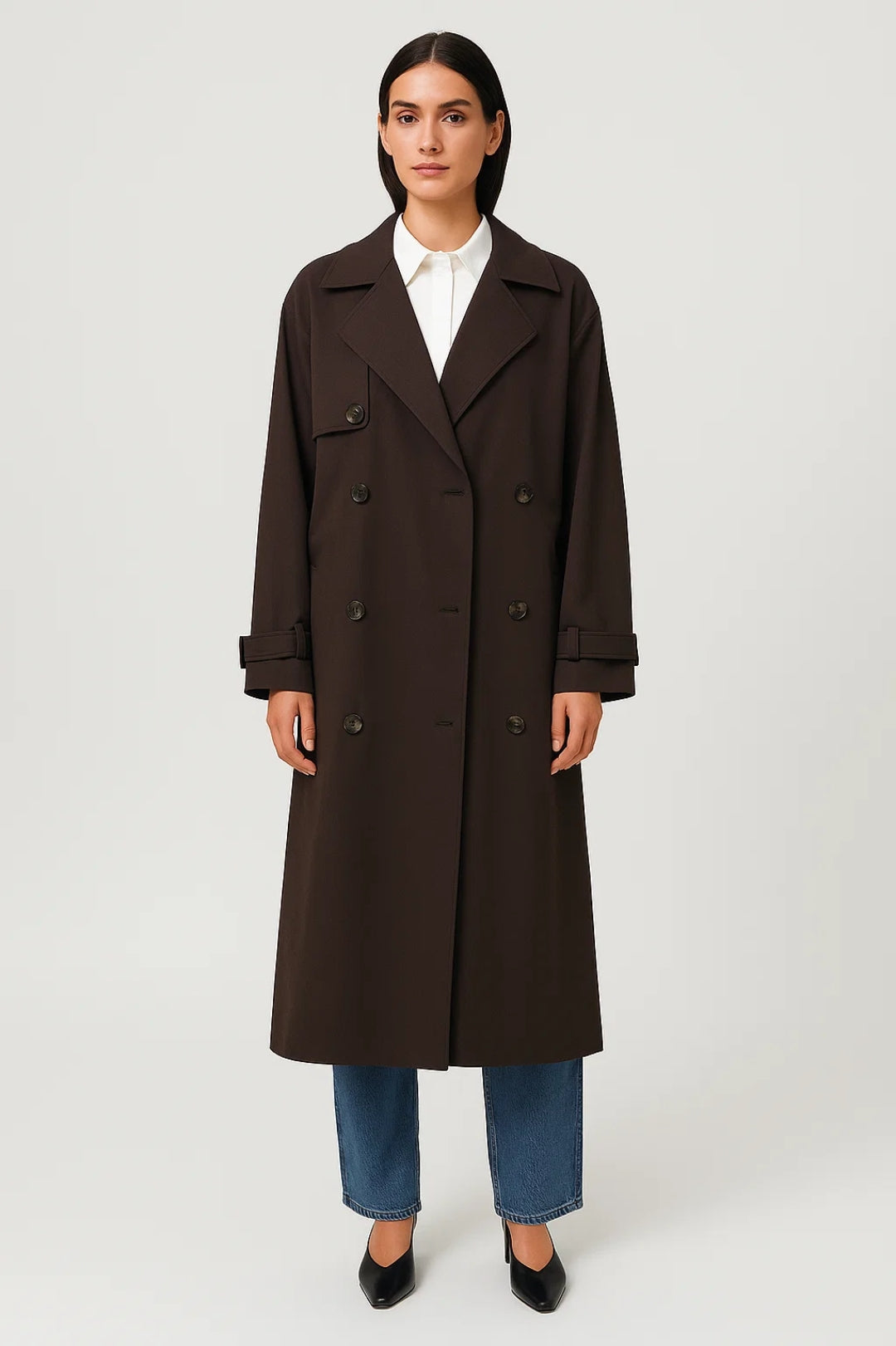 Langer Damen Trenchmantel | Zweireihiger Verschluss mit Gürtelelement | Klassisch und Funktional