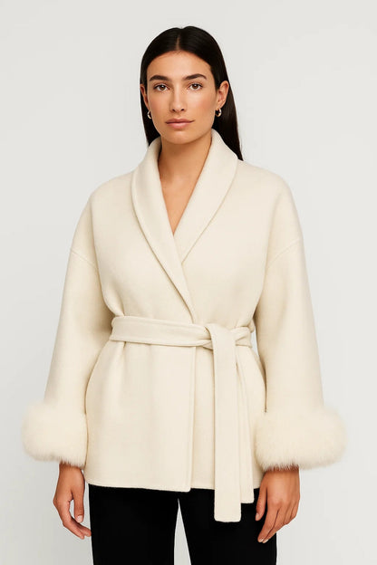 Wickeljacke mit Bindegürtel | Eleganter Schnitt | Mit Kunstfellbesatz