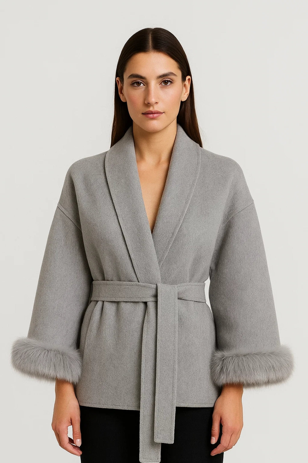 Wickeljacke mit Bindegürtel | Eleganter Schnitt | Mit Kunstfellbesatz