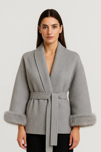 Wickeljacke mit Bindegürtel | Eleganter Schnitt | Mit Kunstfellbesatz