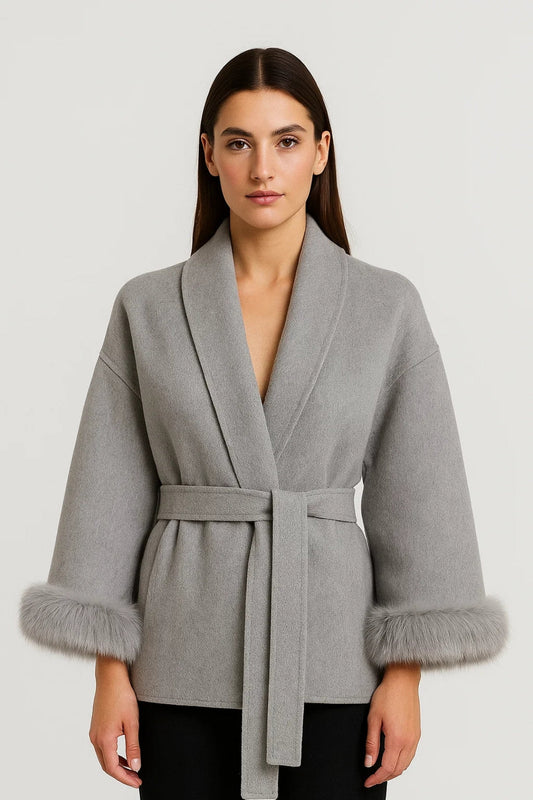 Wickeljacke mit Bindegürtel | Eleganter Schnitt | Mit Kunstfellbesatz