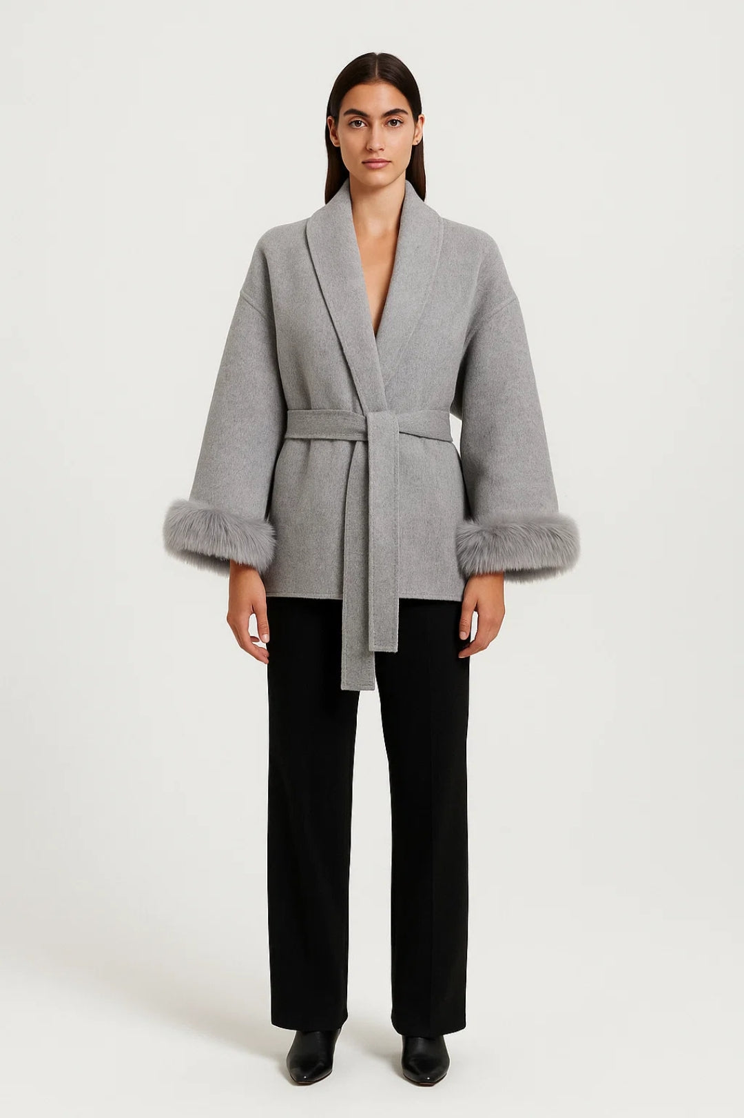 Wickeljacke mit Bindegürtel | Eleganter Schnitt | Mit Kunstfellbesatz