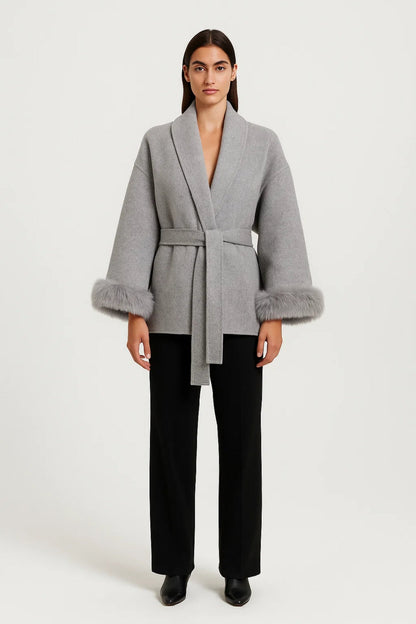 Wickeljacke mit Bindegürtel | Eleganter Schnitt | Mit Kunstfellbesatz