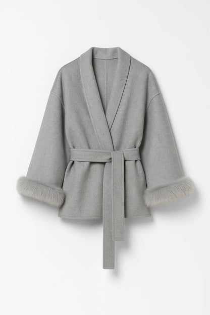 Wickeljacke mit Bindegürtel | Eleganter Schnitt | Mit Kunstfellbesatz