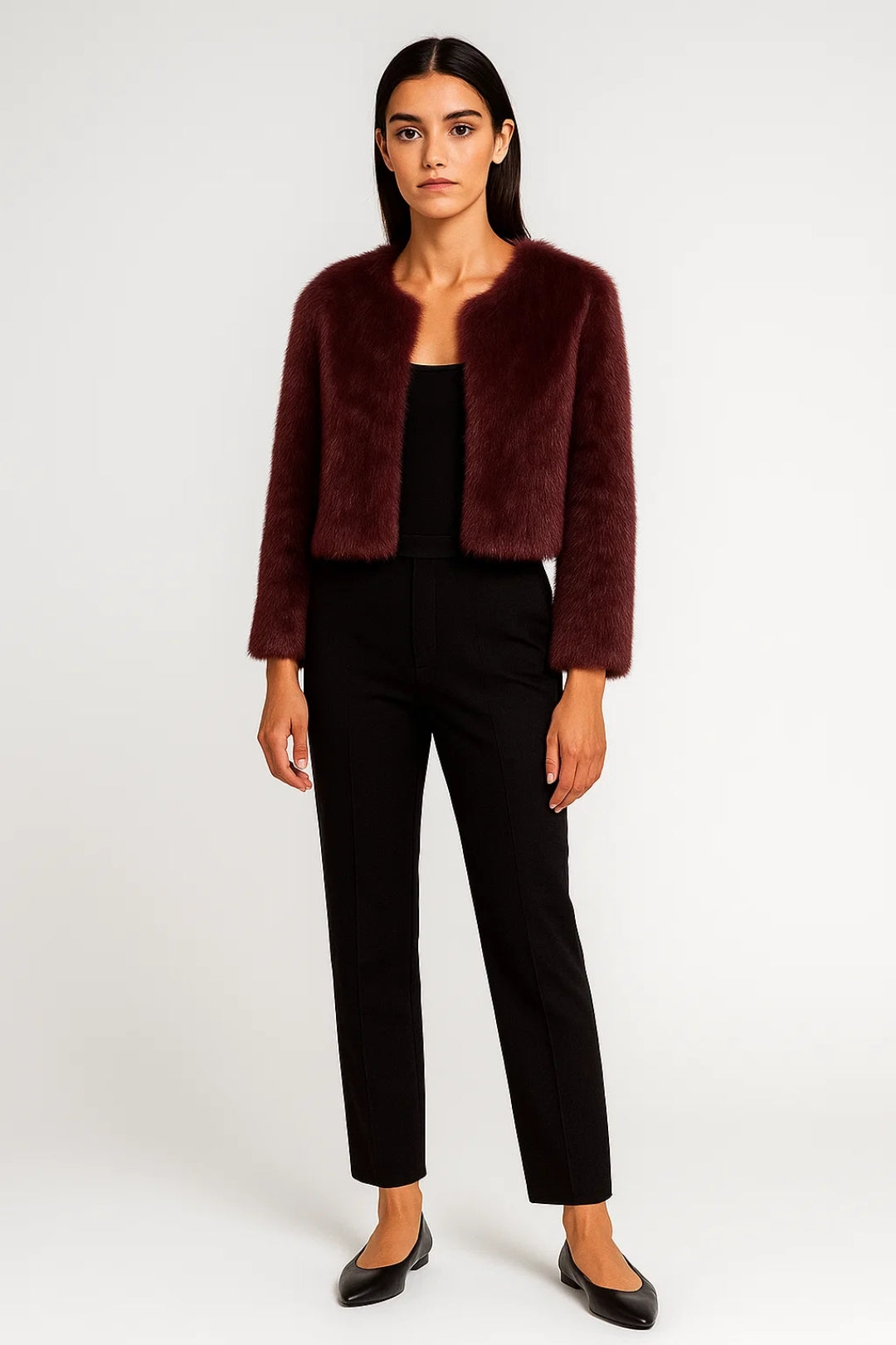 Kurze Damenjacke mit Felloptik | Offenes Design ohne Kragen | Elegant und Kuschelig