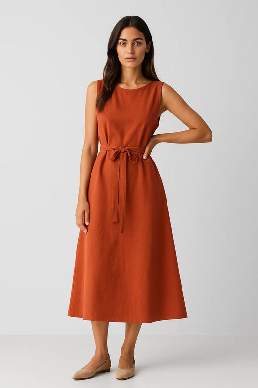 Ärmelloses Kleid | Midi mit Bindegürtel | Zeitlose Schlichtheit