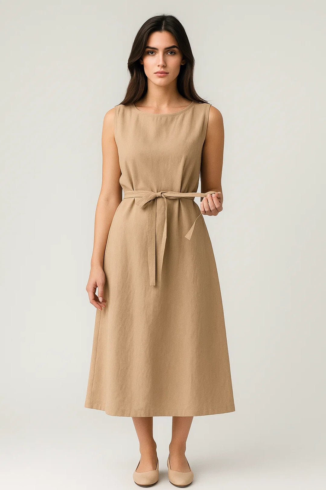 Ärmelloses Kleid | Midi mit Bindegürtel | Zeitlose Schlichtheit