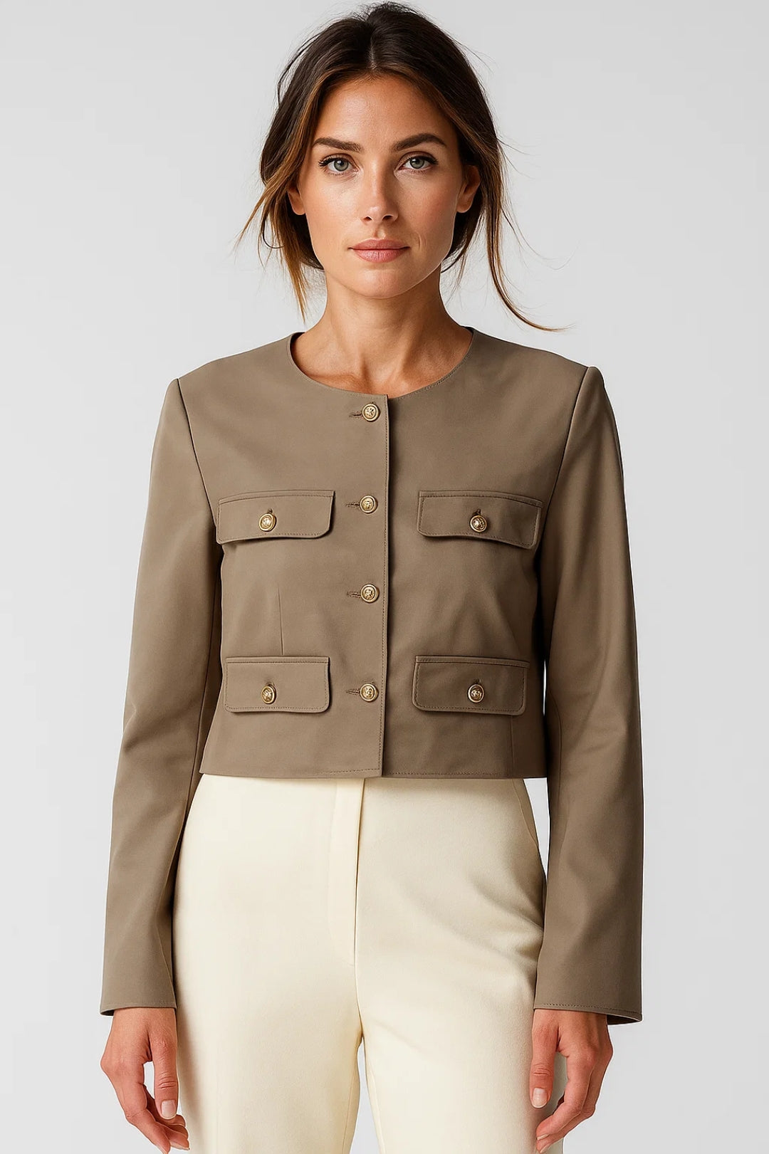 Cropped Blazerjacke | Goldknöpfe | In Weiß, Schwarz und Taupe