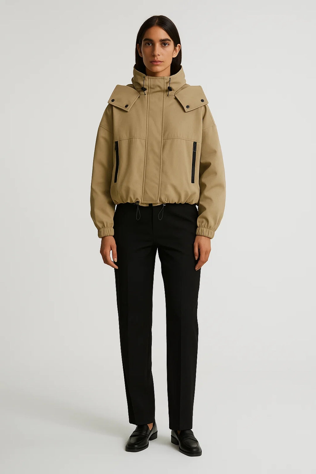 Kurze Damenjacke mit Kapuze | Technischer Stil mit Kordelzug | Funktional und Modern