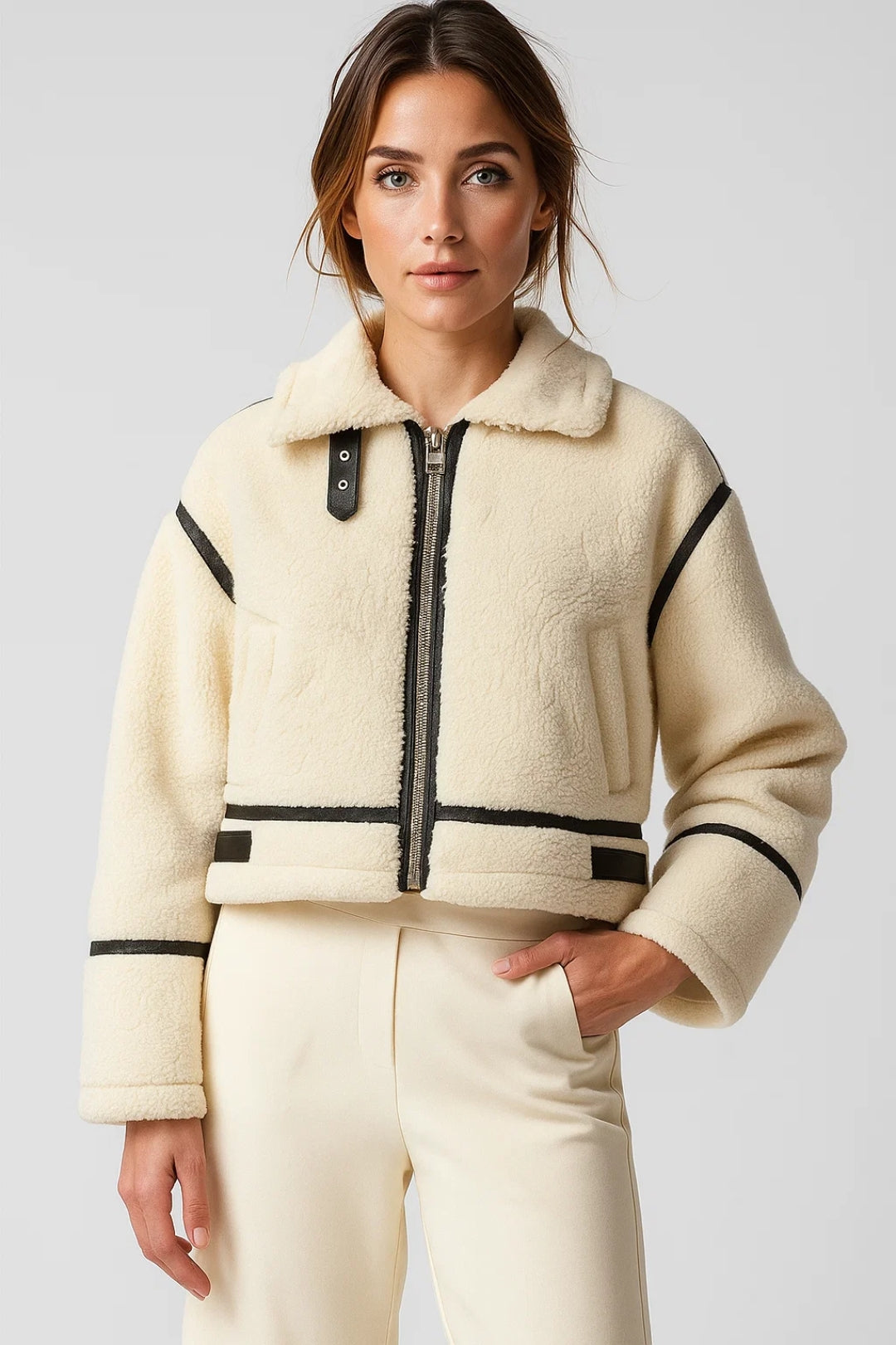Kurzjacke | Creme mit Kontrastdetails | Warm und Stylisch